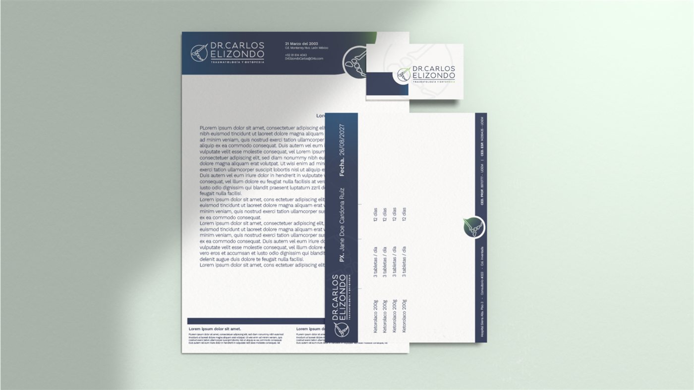 Mockup de papelería médica del Dr. Carlos Elizondo con su identidad de marca